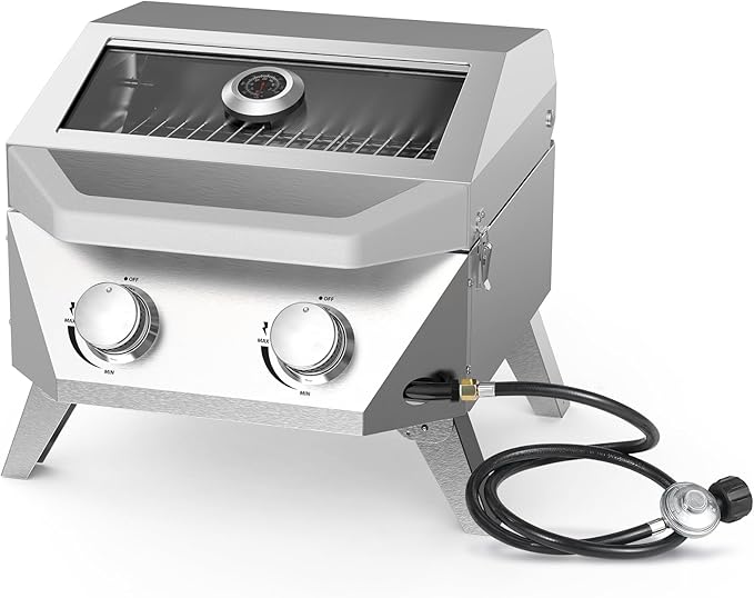 BESTFIRE Tabletop Gas Grill with 2 Burners & Viewing Glass Lid, 20,000 BTU Stainless Steel Portable BBQ Grill with Thermometer, Push-Button Ignition for Outdoor Patio, Camping, RV, Tailgating