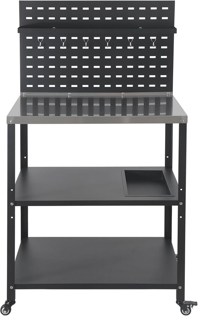 Three-Tier Grill Cart with Hanging Plate,Grill Table with 2 Locking Casters for Patio and Backyard,Stainless Steel Pizza Oven Stand Table,Black