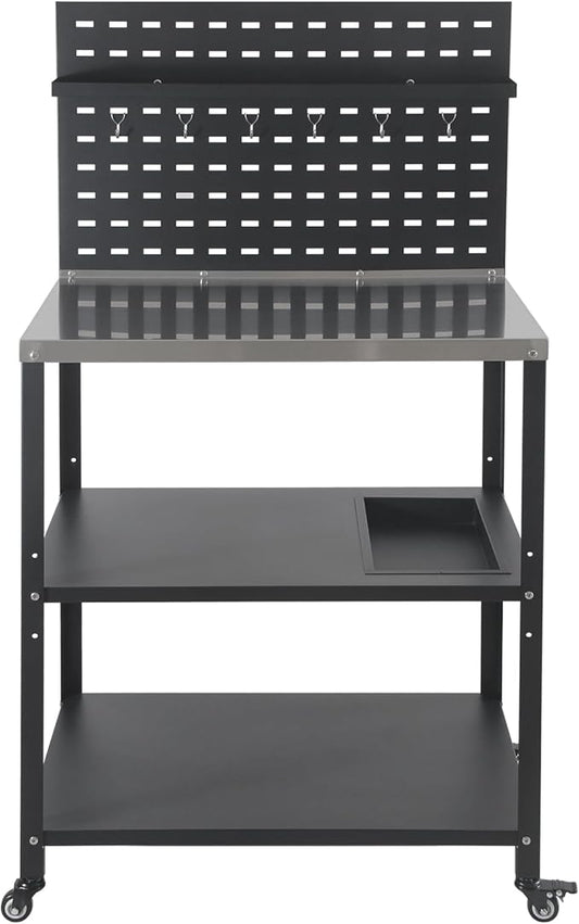 Three-Tier Grill Cart with Hanging Plate,Grill Table with 2 Locking Casters for Patio and Backyard,Stainless Steel Pizza Oven Stand Table,Black