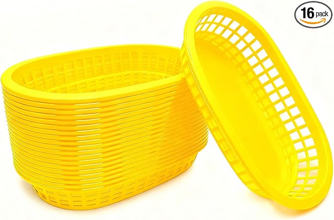 Fast Food Baskets 16-Pack, 10 x 6 Inch Plastic Oval Serving Baskets for Burgers,Bread, Fries & Sandwiches, Restaurant Diner Cafeteria Food Truck Party Use, Reusable&Stackable(Yellow)