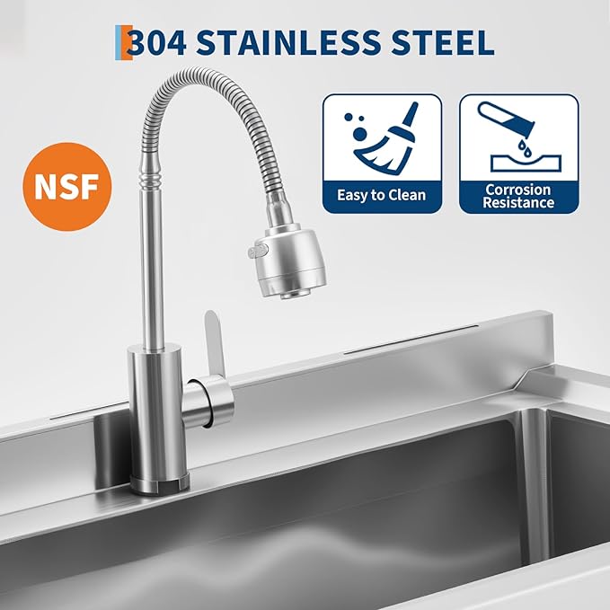 Stainless Steel Utility Sink, 36 x 20 x 35.5 Inch Freestanding Commercial Sink, Adjustable Leg with Hot and Cold Water Faucet, Hoses and Drain Kit, for Kitchen, Garage, Bathroom, Outdoor Use Black