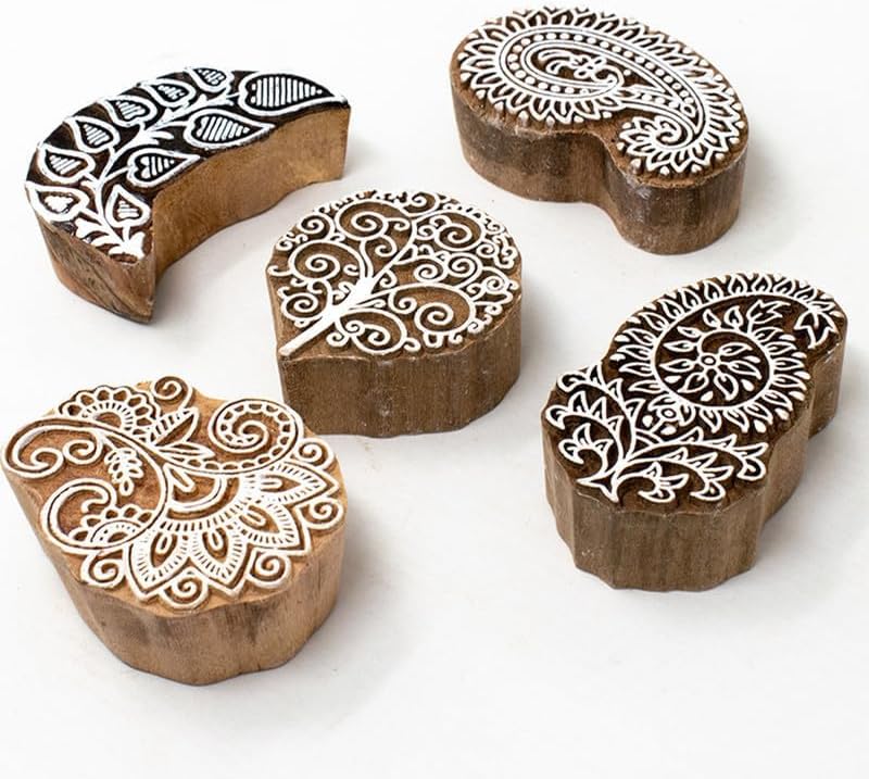 Handcarved Wooden Block Stamp for Printing Scrapbooking/Wooden Stamps for Project Designing/Fabric Textile/Clay/Pottery Craft/Tattoo | Set of 5 | Hashcart®