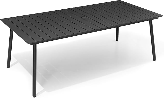 83" Patio Outdoor Dining Table for 6-8, Weather-Resistant Wood-Grain Top with Aluminum Frame & Umbrella Hole for Deck Gatherings, Black