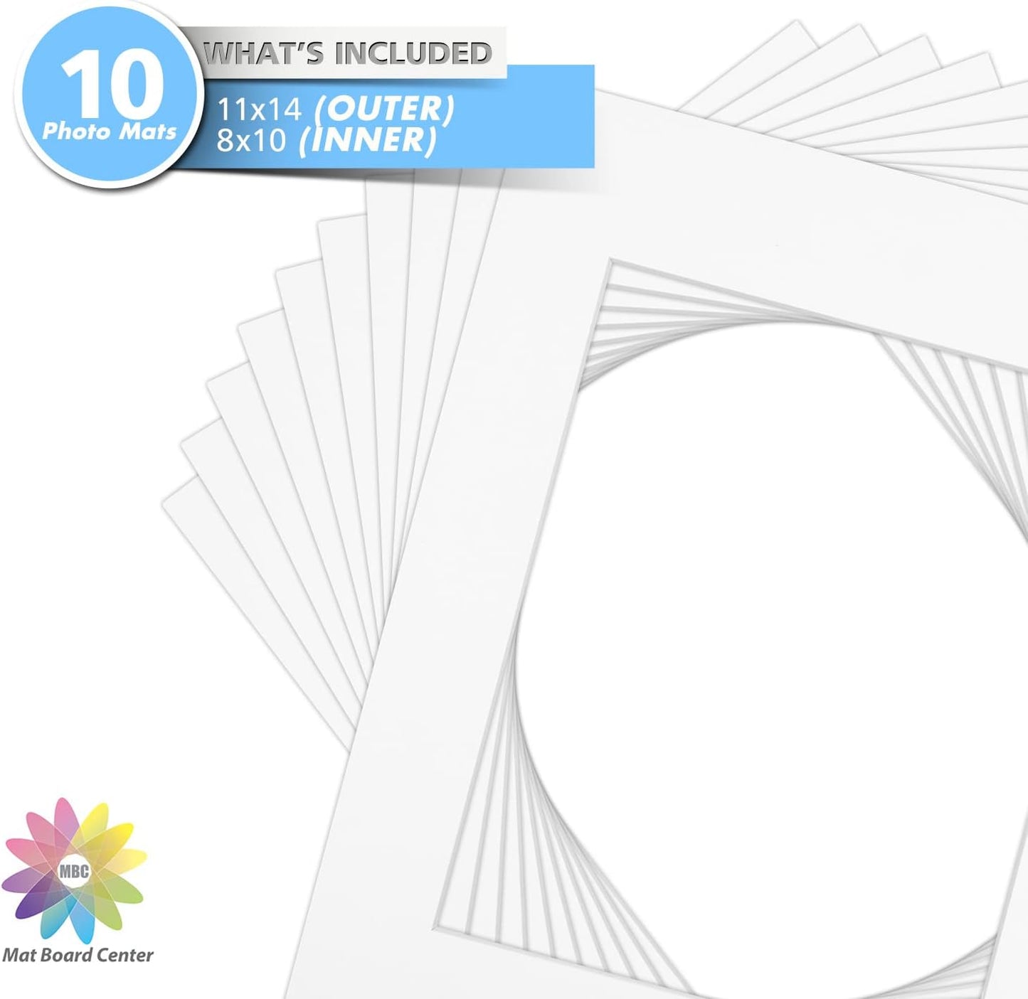 Mat Board Center, Pack of 10, 11x14 for 8x10 Off White Color Mats - Bevel Cut, Acid Free, 4-ply Thickness, White Core - for Pictures, Photos, Framing