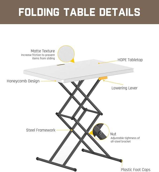 FanttikOutdoor 28 inch Small Folding Table, One-Hand Height Adjustment, 3 Heights, Lowering Lever, Instalift, Portable Side Table for Tv Tray, Dining, Kitchen, No Assembly, Granite White Zeta X1 Apex