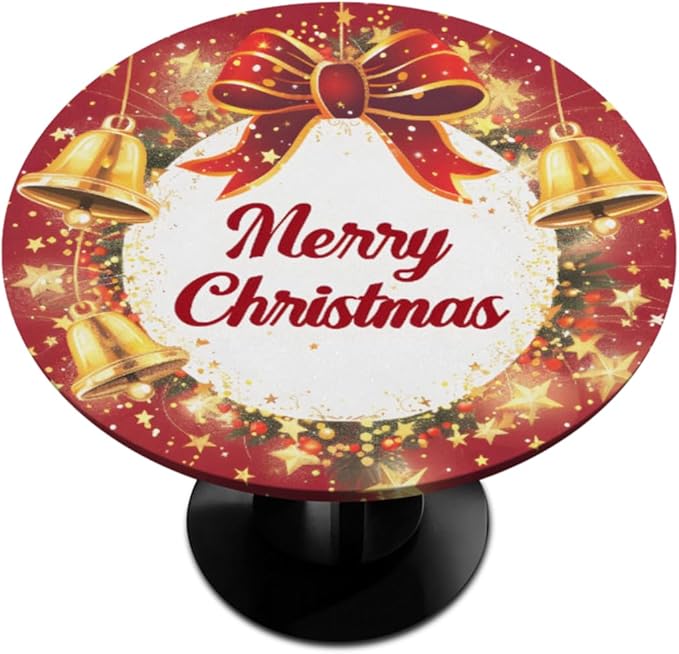 Merry Christmas Bell Bow Round Table Cloth Cover, Elastic Edge Waterproof Wipeable Tablecloths 36"-42" Polyester Tablecloth for Party Restaurant Banquet Holiday Camping Outdoor Picnic