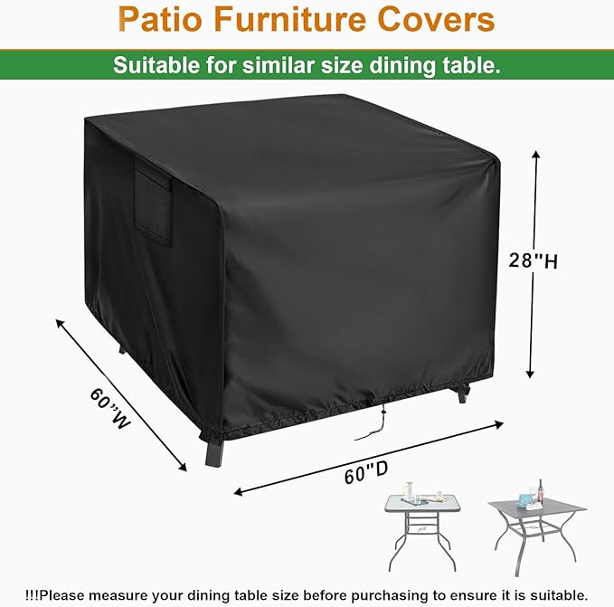 Outdoor Table Cover Square 60 inch Patio Table Cover Waterproof Patio Furniture Covers Rectangular for Outside Small Table and Chair Sets, Fire Pit, Coffee Table, Ottoman -60"L x 60"W x 28"H