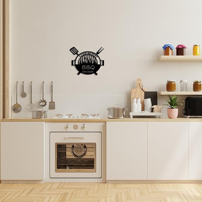Custom BBQ Metal Sign, Personalized Grill Name Plate with LED Light, 1.2MM Thick Magnetic Installation, Unique Gift for Chefs & Backyard Kitchen Wall Decor (Style A)