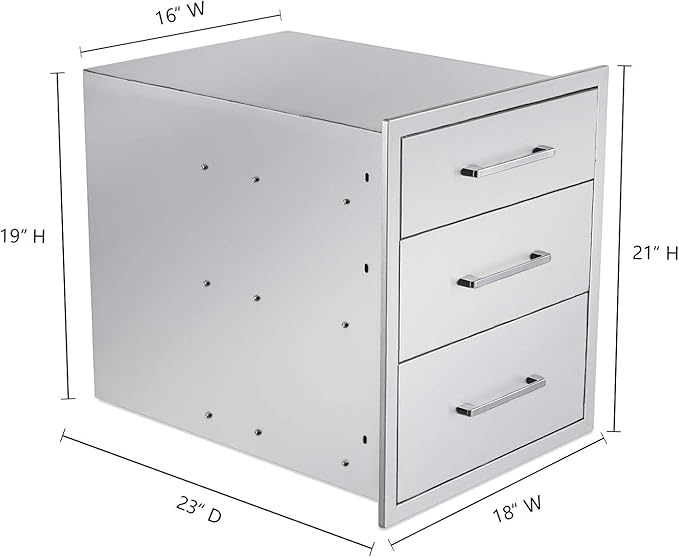 Outdoor Kitchen Drawers Stainless Steel 3-Drawer BBQ Drawer 18" W x 21" H x 23" D Enclosed Built-in Drawer Flush Mount for Outdoor Kitchens & BBQ Islands