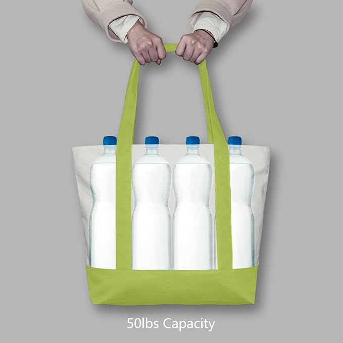 TOPDesign 1-Pack Canvas Tote Bag with an External Pocket, Reusable Grocery Shopping Bag, Top Zipper Closure, Daily Essentials (Light Green/Natural)