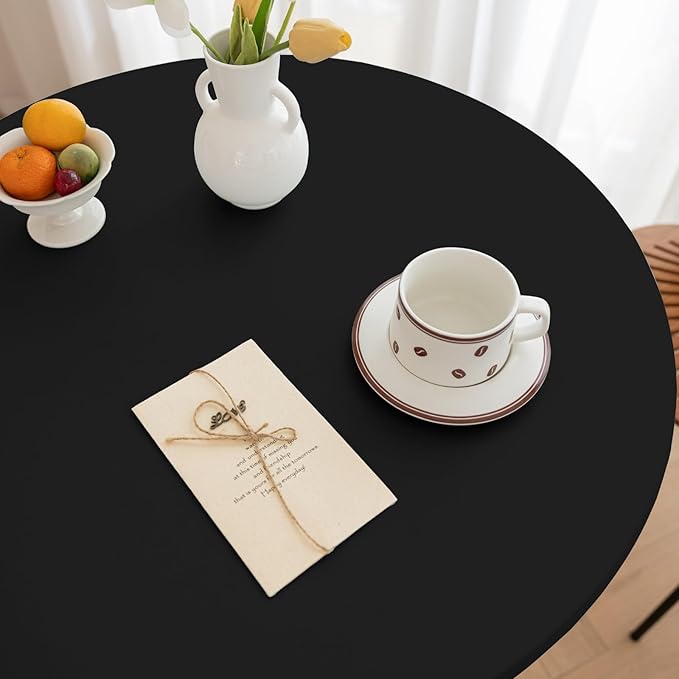 Round Fitted PU Tablecloth with High Elastic Edge 59 Inch Dia Waterproof Oil Proof Table Cloth Anti-Scald Stain-Resistant Wipeable Table Cover for Indoor Outdoor Picnic (Black,59" Dia)