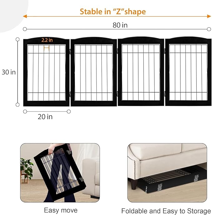 LZRS 4-Panel Freestanding Wooden Dog Gate—Extra Wide 30” Tall Foldable Pet Barrier with Support Feet, Solid Hardwood & Steel Wire Safety Gate for Doorways, Hallways, and Stairs, Black