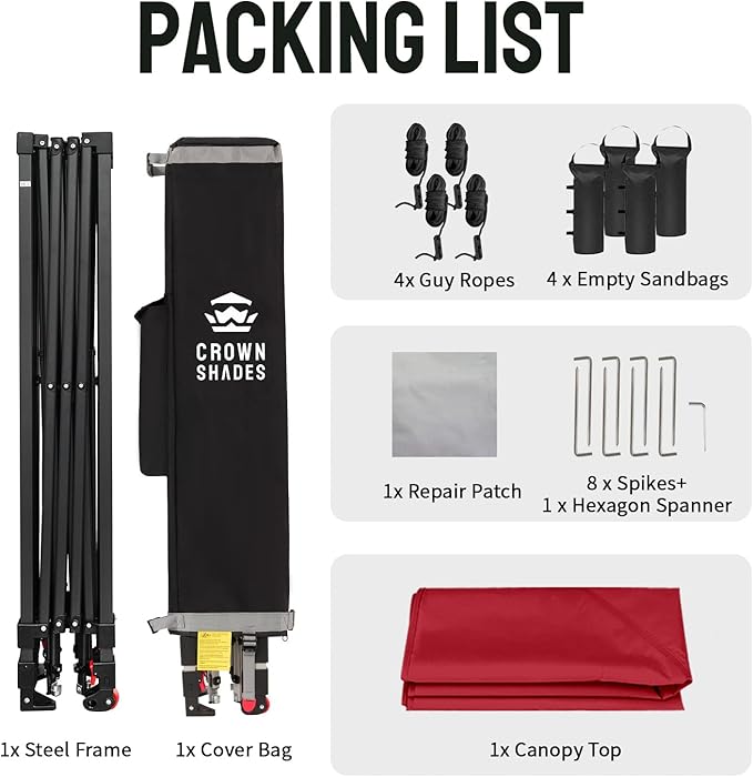 CROWN SHADES 10x10 Pop Up Canopy Tent - Patented Center Lock One Push Instant Outdoor Canopy Beach Tent with STO-N-Go Bag 8 Stakes & 4 Sand Bags，Red