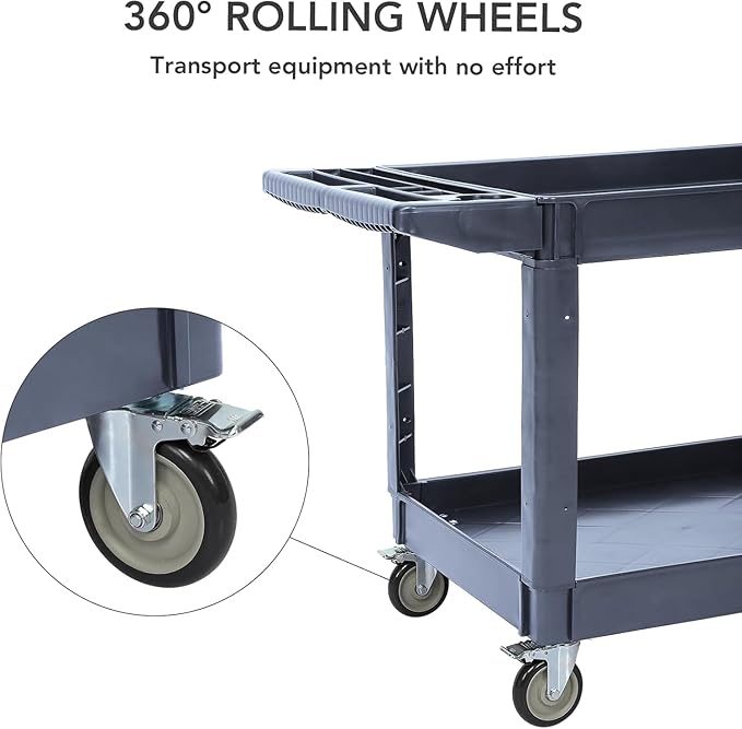 Utility Service Cart with Wheels and Two Trays, Service Cart 2-Shelf 500lbs, Rolling Utility Cart for Warehouse/Garage/Cleaning/Manufacturing, 2 Tier Heavy Duty Uline Tool Cart, 45"X25", Gray