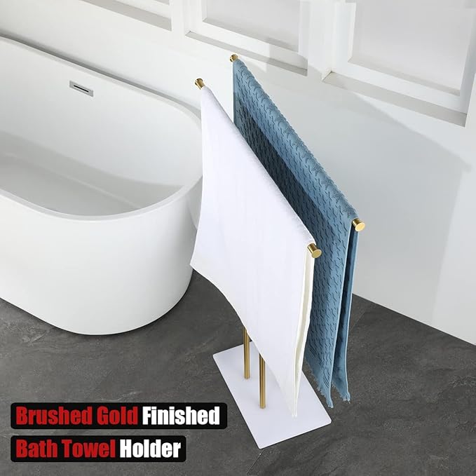 JQK Bath Towel Holder Stand Brushed Gold, 30 Inch Free Standing Double Towel Rack Shelf for Bathroom Floor, Light Gold, BTH100L30-WG