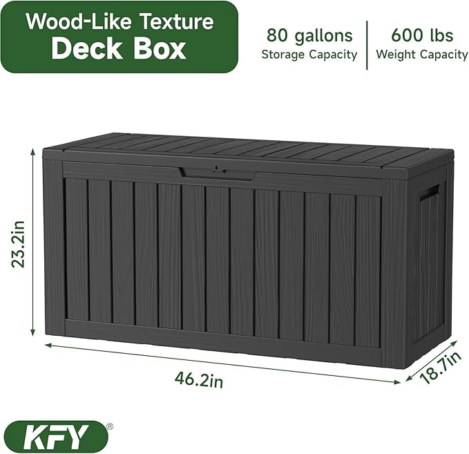 80 Gallon Waterproof Resin Deck Box, UV Resistant Outdoor Storage for Garden, Patio, Porch, Delivery（Black，80 Gallon）