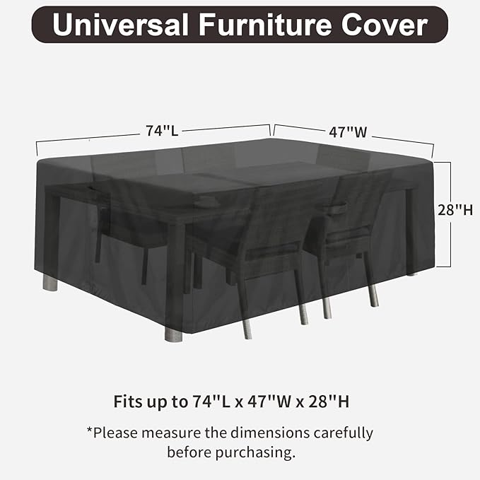 PureFit Patio Furniture Covers, Outdoor Table Furniture Cover Waterproof Rectangle, Patio Sectional Couch Set Cover for Deck, Lawn and Backyard, UV Resistant, 74"L x 47"W x 28"H, Black