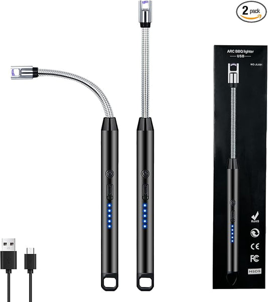 2 PCS Candle Lighter, Electric Lighter Arc Windproof Flameless with 360° Flexible Neck & LED Power Display, Lighters for Candle for BBQ, Grill, Camping, Fireplace, Stove