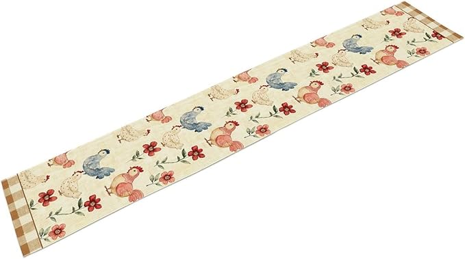 Farmhouse Rooster Table Runner, Rustic Farm Chicken Brown Plaid Flower Plant Watercolor Coffee Table Center Decor for Home Kitchen Dining Patio Party Indoor Outdoor Table Decorations, 13" X 108"
