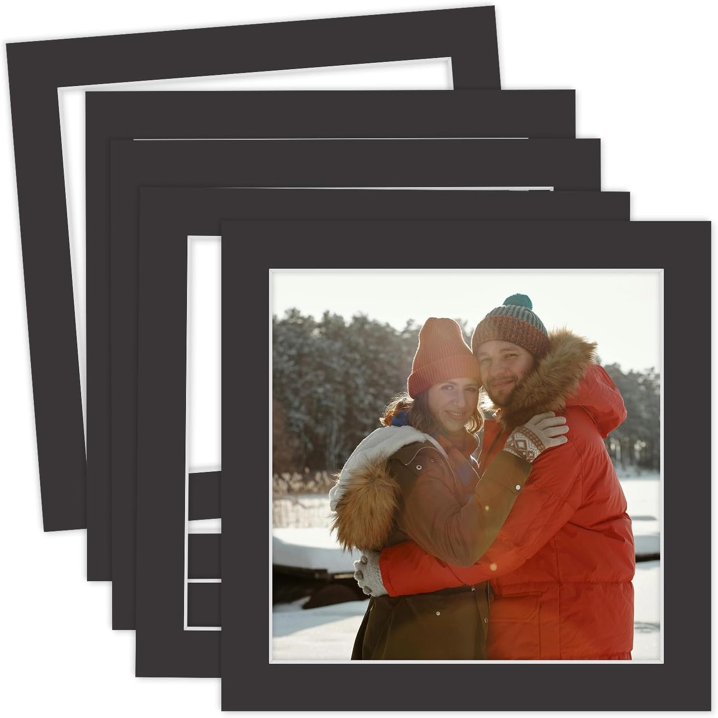 MBC Mat Board Center, 5 Pack 12x12 for 10x10 Black Picture Mats Frame Mattes, Bevel Cut, Acid Free, 4-ply Thickness