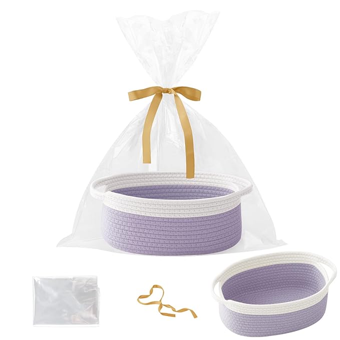 Gift Basket with Gift Bag and Ribbons,Small Rope Woven Shelf Storage,Baskets for Gifts Empty,Birthday,Baby Shower,Decorative Organizer Box with Handles(White&Purple)