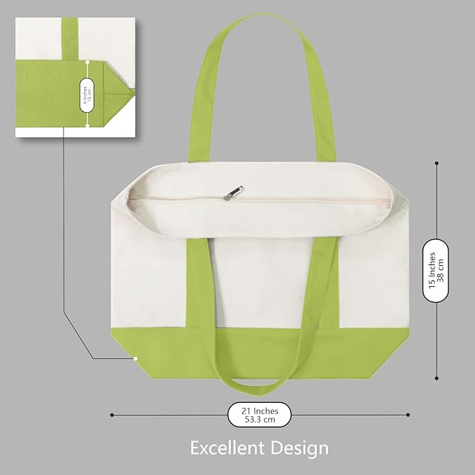 TOPDesign 1-Pack Canvas Tote Bag with an External Pocket, Reusable Grocery Shopping Bag, Top Zipper Closure, Daily Essentials (Light Green/Natural)