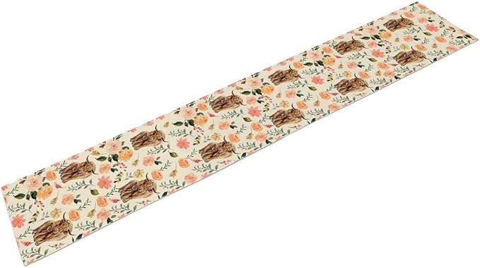 Cow Table Runner, Rustic Farmhouse Pink Floral Flower Spring Summer Yak Leaves Seasonal Coffee Table Center Decor for Home Kitchen Dining Patio Holiday Party Indoor Outdoor Table Decorations, 13"x36"