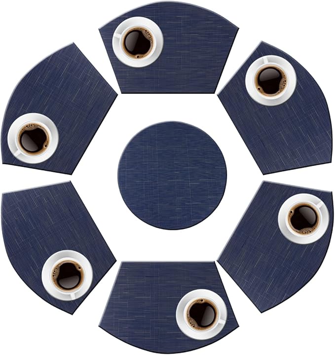 PIGCHCY Wedge Shaped Placemats Set of 6 with Centerpiece Round Mats Washable Kitchen Placemats Heat-Resistant Table Mats (Navy Blue)