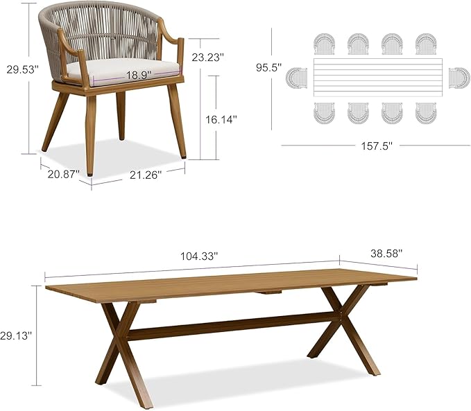 PURPLE LEAF Outdoor Dining Set for 10 with Storage Box All Weather Wicker Patio Dining Set with Rectangular Aluminum Table and Modern Armrest Dining Chairs for Garden Deck Backyard Kitchen, Teak