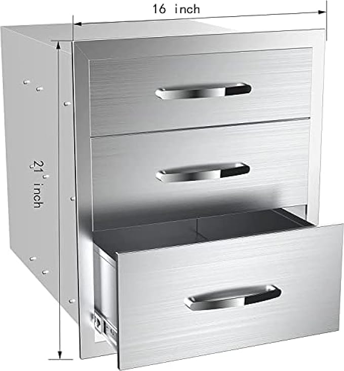 Stainless Steel Outdoor Kitchen 3-Drawer BBQ Drawer - Built-in, Flush Mount - 16Wx23Dx21H
