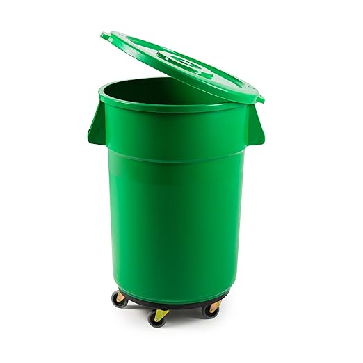 PRO&Family Commercial Round Trash Can with Lid and Dolly Rolling Waste Container, Ingredient Bin, Heavy-Duty Plastic, Anti-Static, Kitchen, Office, Outdoor Use (Green, 44 Gallon)