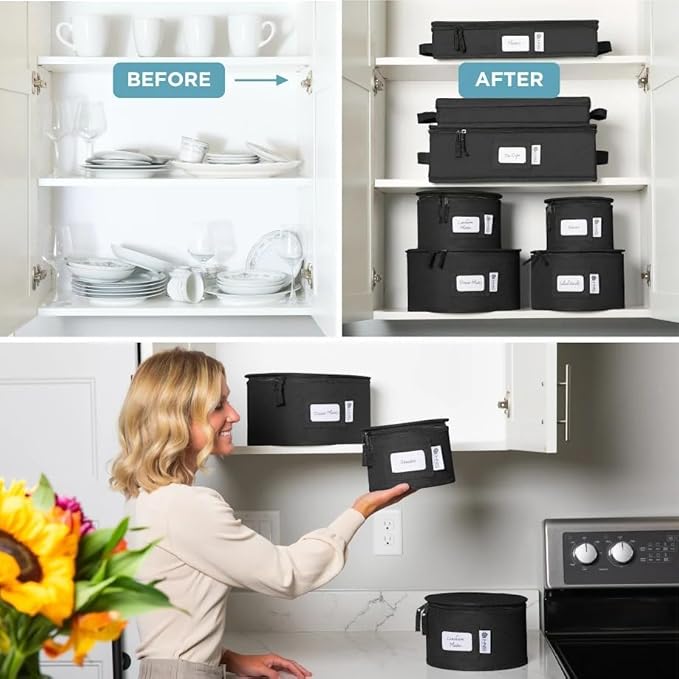 China Storage Hard Shell Containers 12-Piece Set Moving Boxes for Dinnerware, Glasses, Plates, Mugs and Saucers Sturdy Dish Organizer with Dividers for Seasonal Storage - Service for 12 - Black