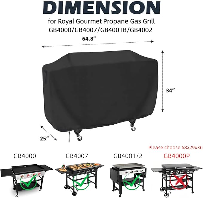 Flat Top Grill Cover for Royal Gourmet GB4000/GB4007/GB4001B/GB4002 Propane Gas Grill, Waterproof 36 Inch Griddle Cover for Char-Griller Flat Iron 4-Burner Grill -64.8 x 25 x 34