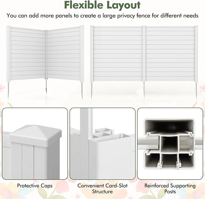 Giantex Outdoor Privacy Screen 2 Panels, 48''W x 48''H Decorative Air Conditioner Fence Trash Can Enclosure with 3 Stakes, Easy Assembly, PVC Vinyl Picket Fences for Garden Patio Lawn, White