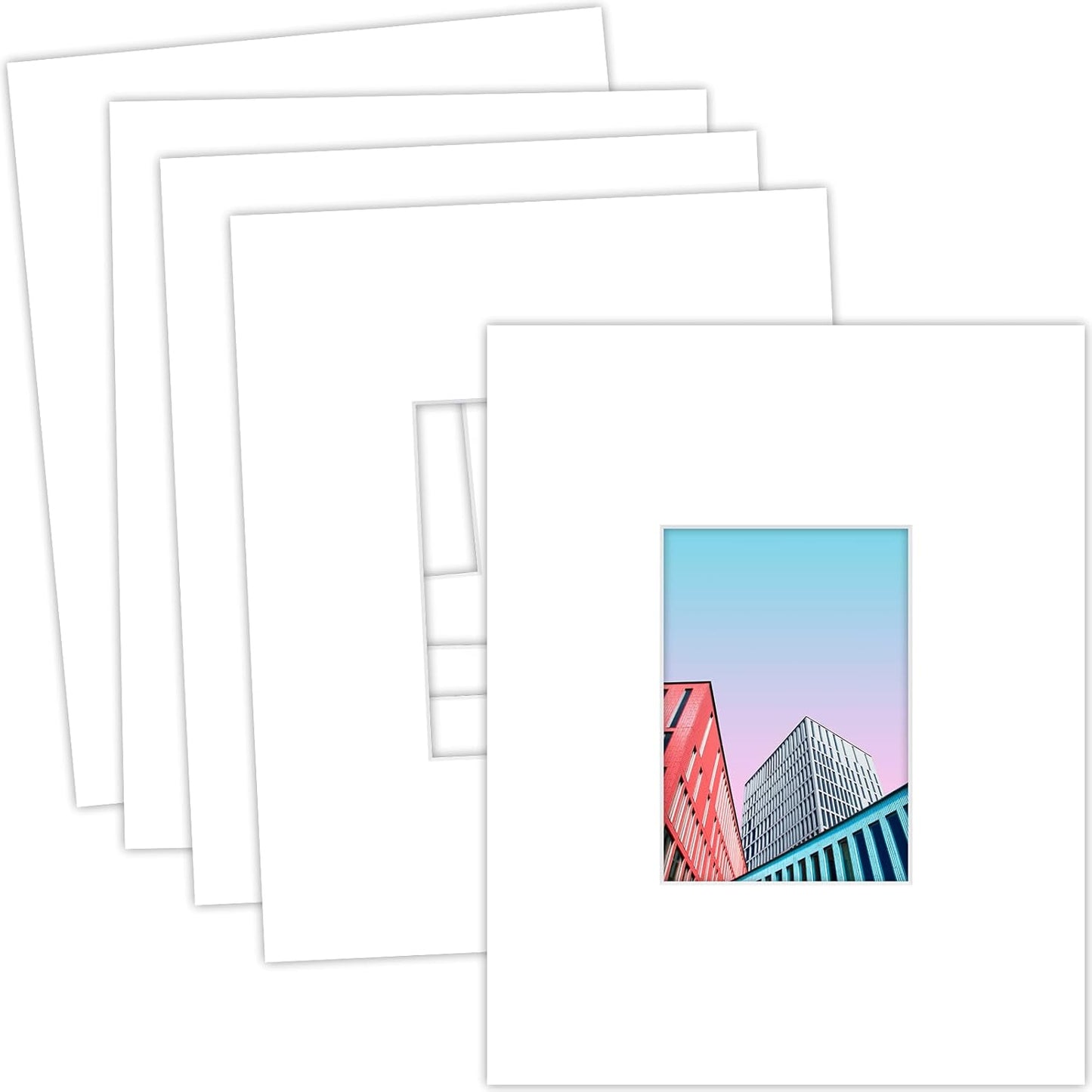 MBC Mat Board Center, 5 Pack 11x14 for 5x7 White Picture Mats Frame Mattes, Bevel Cut, Acid Free, 4-ply Thickness