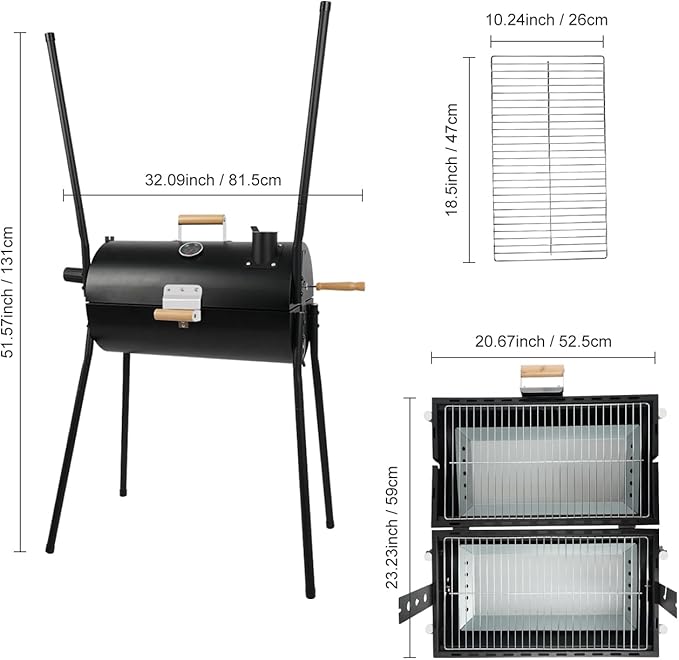 Portable Charcoal Grill with Thermometer, Double-sided Smoker Grill for Outdoor Patio Backyard Camping and Parties