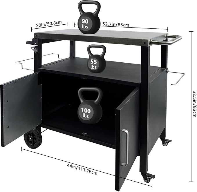 Dining Cart Table with Big Storage Cabinet - Movable Indoor Outdoor Kitchen Island, Multifunctional BBQ Grill Table & Pizza Oven Stand for Food Prep