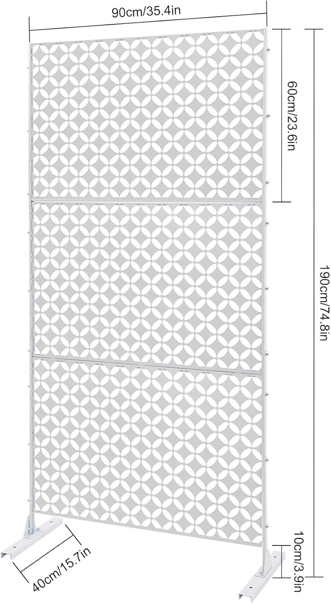75" H×35" W Decorative Outdoor Privacy Screen with Stand, Outdoor Decor Privacy Fence Screen Metal Fence Panels, Free Standing Metal Divider for Patio Lawn Deck (White-Circle)