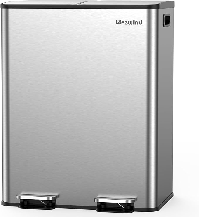 Lovewind Kitchen Trash Can, 2 x 8 Gallon (2 x 30 L) Stainless Steel Trash and Recycle Bin Combo with Soft-Close Lid, Dual Compartment Recycling Kitchen Step Trash Bin, Silver