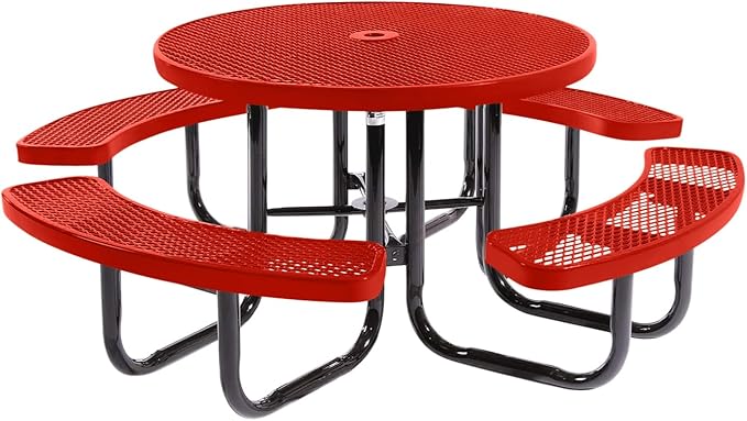 COATEDOUTDOORFURNITURE Heavy-Duty Portable Outdoor Picnic Table with Umbrella Hole, Expanded Metal Commercial-Grade Patio Dining Furniture Made in America (46" Round Top, Red)