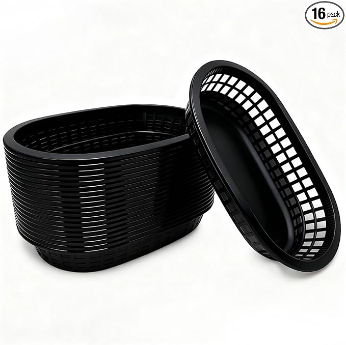 Fast Food Baskets 16-Pack, 10 x 6 Inch Plastic Oval Serving Baskets for Burgers, Bread, Fries & Sandwiches, Restaurant Diner Cafeteria Food Truck Party Use, Reusable&Stackable(Black)