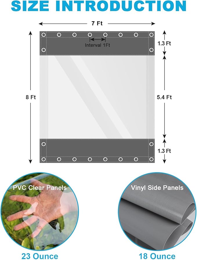 Clear Vinyl Curtains for Patio Enclosure, 23oz Heavy Duty Waterproof Anti-UV and Tear-Resistant Tarpaulin with Grommets, Weatherproof Panels for Porch, Pergola, Gazebo, Balcony, Outdoor