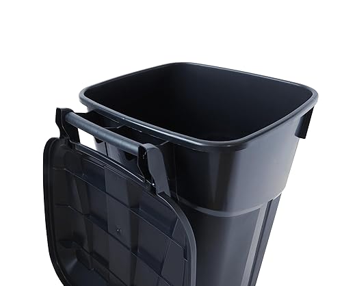 32 Gallon Heavy Duty Wheeled Plastic Garbage Can with Attached Lid and Easy Grip Handle – Bottom Hand Groove, Rugged Wheels, Indoor Outdoor Trash Can for Home, Kitchen, Yard, Patio (1)
