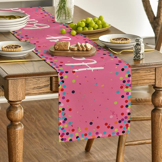 Artoid Mode Polka Dot Pink Happy Birthday Table Runner, Seasonal Kitchen Dining Table Decoration for Home Party Decor 13x90 Inch