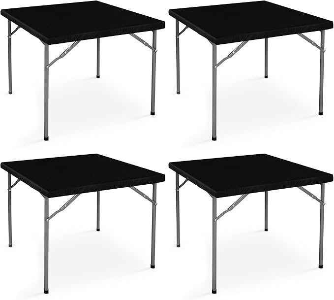 LUSHVIDA 4 Packs Vinyl Card Tablecloth with Flannel Backing 34x34 inch - Waterproof Plastic Picnic Table Cover for Square Folding Table Cloth with Elastic Corners, Black