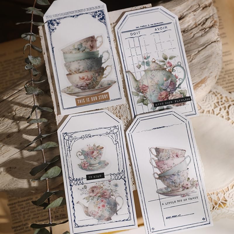 Vintage Vellum Stickers Floral Plants Elements Scrapbooking Supplies Flowers Botanic Natural Translucent Paper Self-Adhesive Junk-Journal Items (Tea Cup)