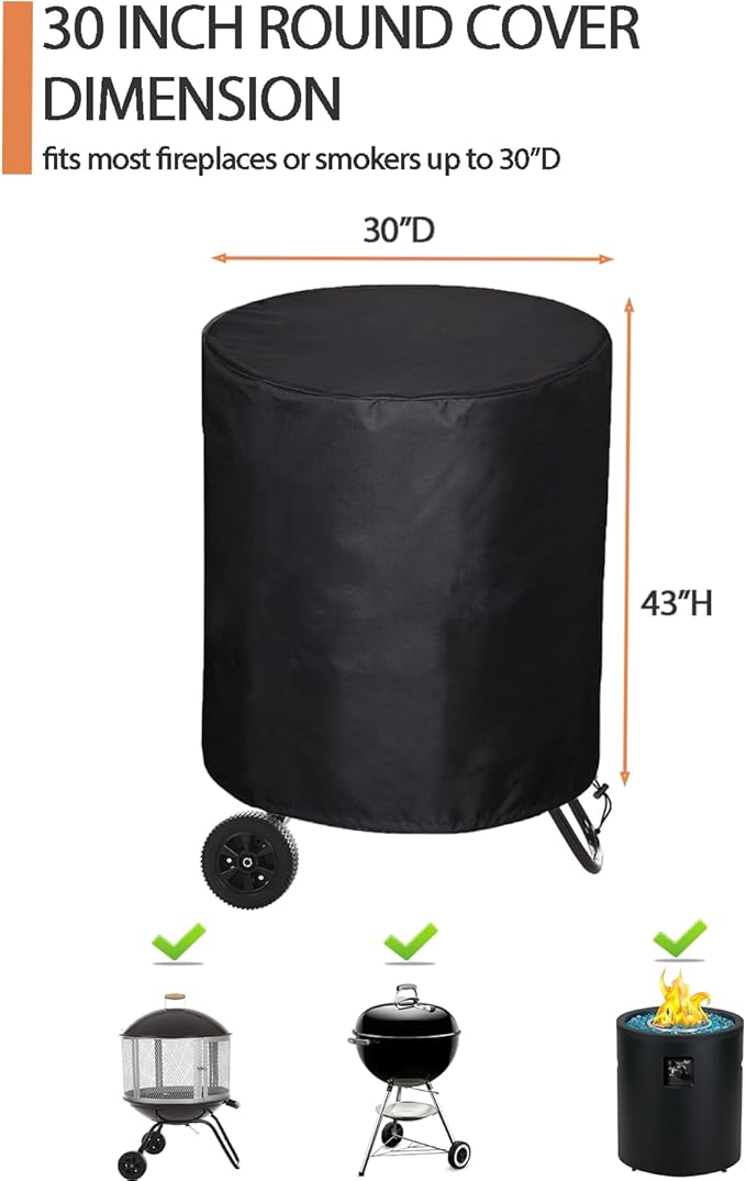 SheeChung Outdoor Fireplace Cover for Fire Sense 01471 Fire Pit,Waterproof Round Grill Cover 30 Inch,Heavy Duty 600D Outside Round Covers for BBQ Grill Smoker,UV Resistant,30"Dx43"H