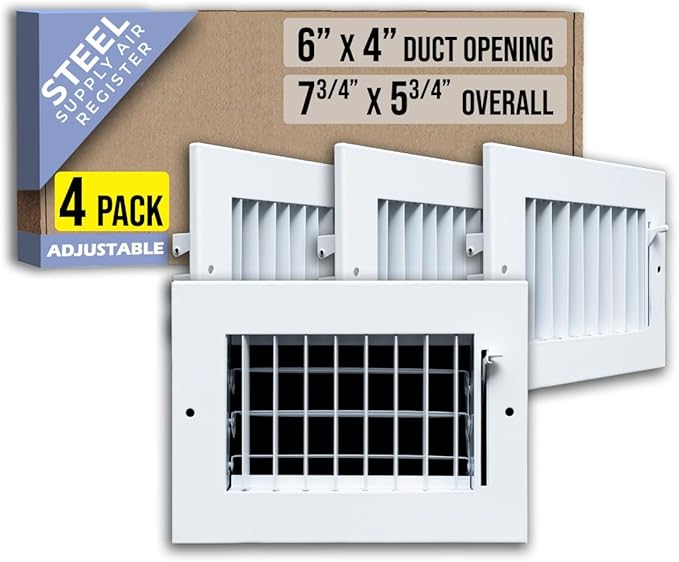 [4 Pack] Fits 6x4 Duct Opening Steel Adjustable Air Supply Grille by Handua | Register Vent Cover Grill for Sidewall and Ceiling | White | Out. Dim.: 7.75" X 5.75"