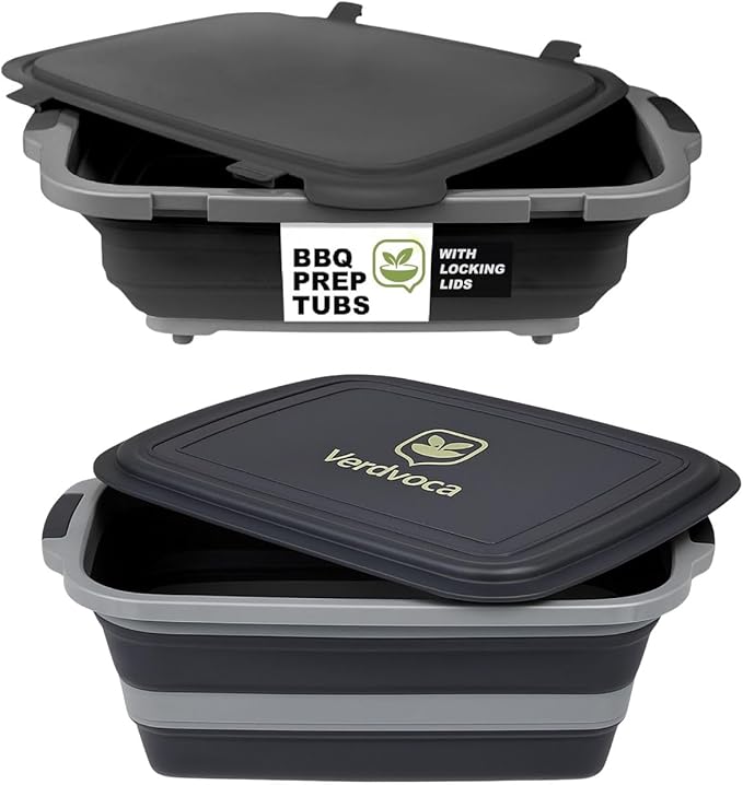 2 Pcs 16L Black Collapsible BBQ Prep Tub