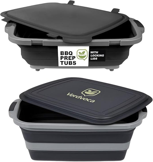 2 Pcs 16L Black Collapsible BBQ Prep Tub